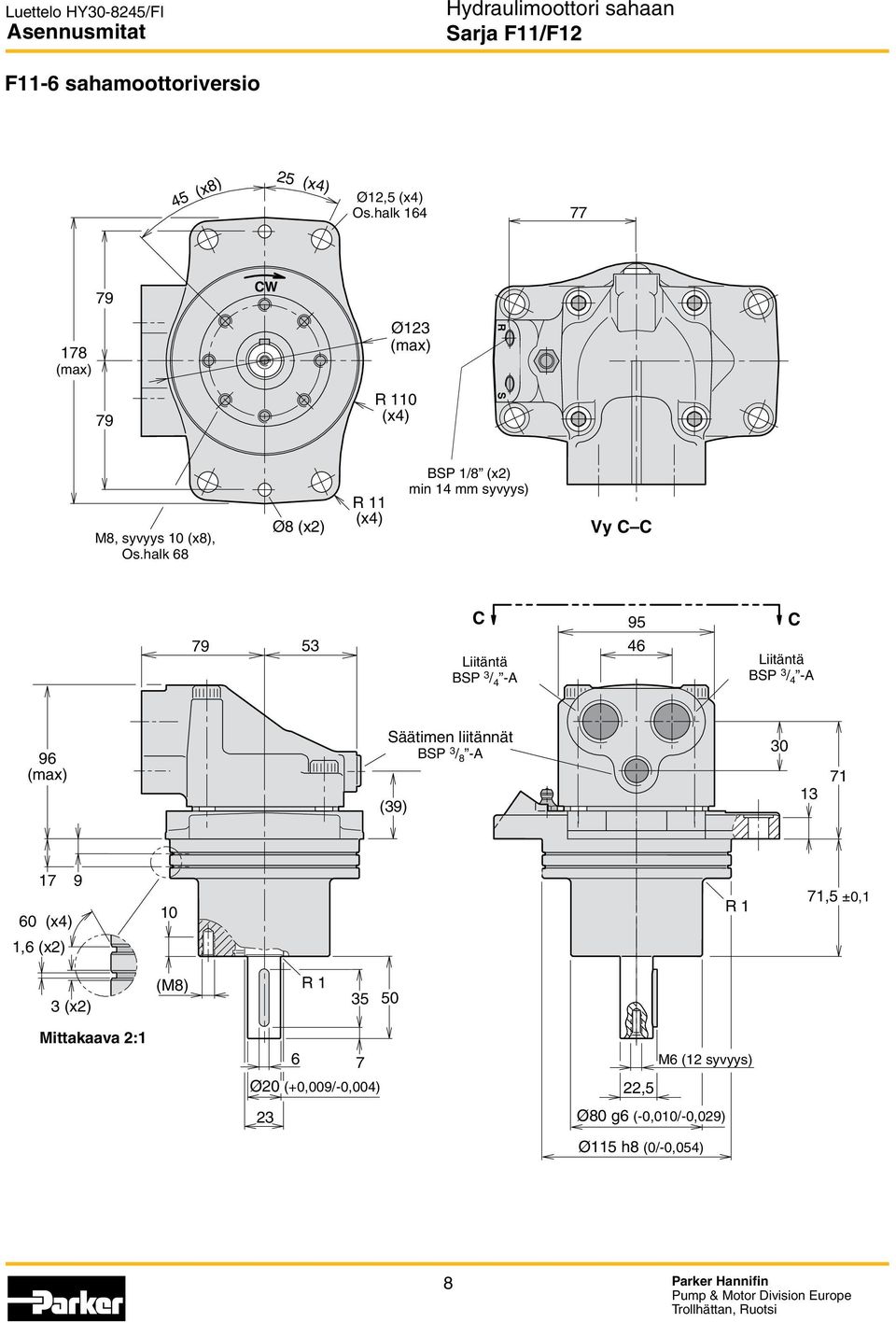 halk 68 Ø8 (x2) R 11 (x4) BSP 1/8 (x2) min 14 mm syvyys) Vy C C 79 53 C Liitäntä BSP 3 / 4 -A 95 46 C Liitäntä BSP 3 /