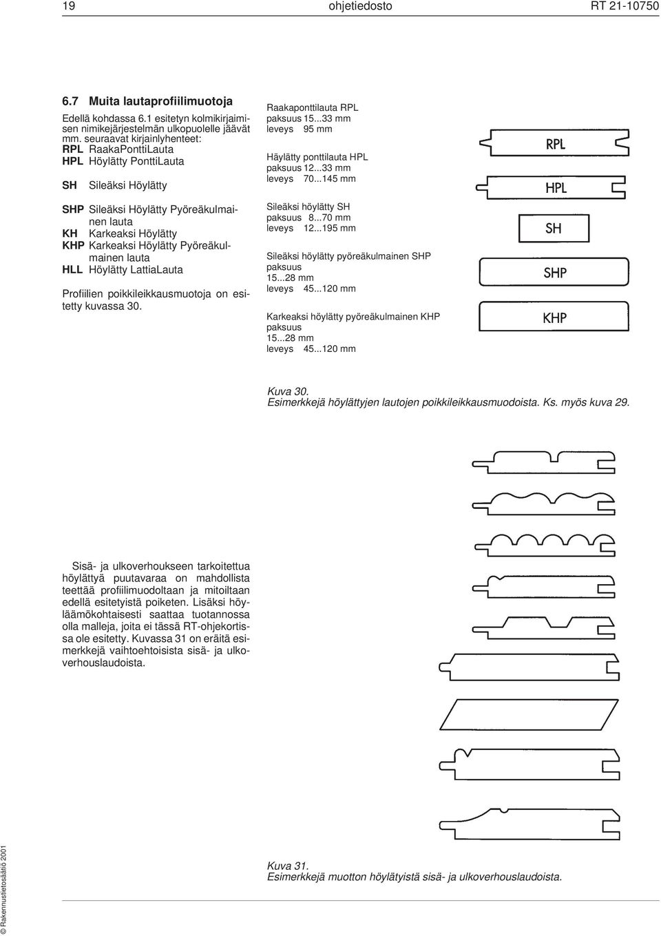 lauta HLL Höylätty LattiaLauta Profiilien poikkileikkausmuotoja on esitetty kuvassa 30. Raakaponttilauta RPL paksuus 15...33 mm leveys 95 mm Häylätty ponttilauta HPL paksuus 12...33 mm leveys 70.