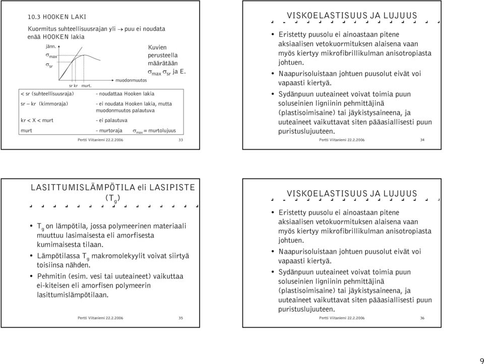 Viitaniemi 22.2.2006 33 VISKOELASTISUUS JA LUJUUS Eristetty puusolu ei ainoastaan pitene aksiaalisen vetokuormituksen alaisena vaan myös kiertyy mikrofibrillikulman anisotropiasta johtuen.