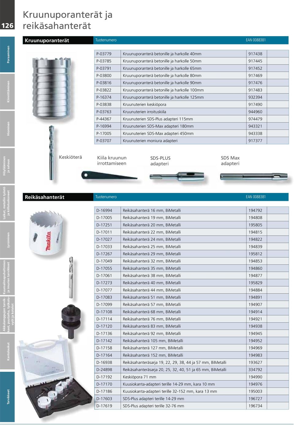 betonille ja harkolle 100mm 917483 P-16374 Kruunuporanterä betonille ja harkolle 125mm 932394 P-03838 Kruunuterien keskiöpora 917490 P-03763 Kruunuterien irroituskiila 944960 P-44367 Kruunuterien