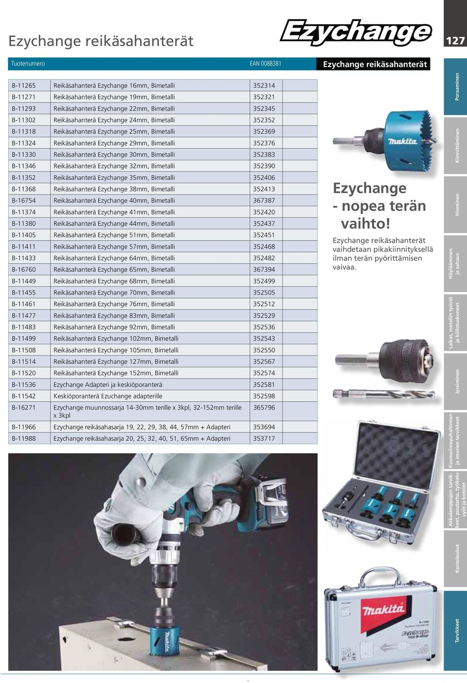 Bimetalli 352376 B-11330 Reikäsahanterä Ezychange 30mm, Bimetalli 352383 B-11346 Reikäsahanterä Ezychange 32mm, Bimetalli 352390 B-11352 Reikäsahanterä Ezychange 35mm, Bimetalli 352406 B-11368