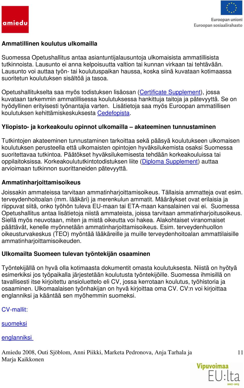 Opetushallitukselta saa myös todistuksen lisäosan (Certificate Supplement), jossa kuvataan tarkemmin ammatillisessa koulutuksessa hankittuja taitoja ja pätevyyttä.