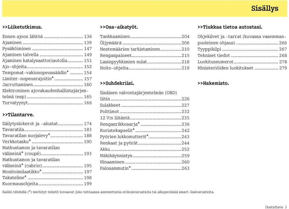 .. 183 Tavaratilan suojalevy*... 188 Verkkotasku*... 190 Matkustamon ja tavaratilan väliseinä* (coupé)... 193 Matkustamon ja tavaratilan väliseinä* (cabrio)... 195 Monitoimilaatikko*... 197 Takateline*.