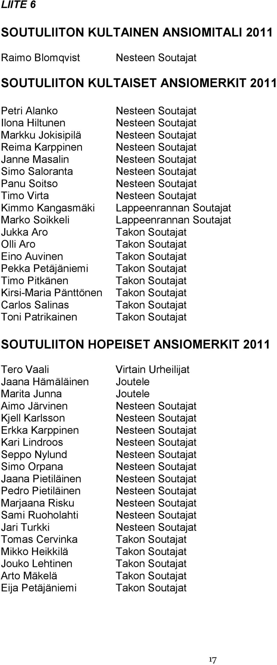 Lappeenrannan Soutajat Lappeenrannan Soutajat SOUTULIITON HOPEISET ANSIOMERKIT 2011 Tero Vaali Jaana Hämäläinen Marita Junna Aimo Järvinen Kjell Karlsson Erkka Karppinen Kari Lindroos Seppo