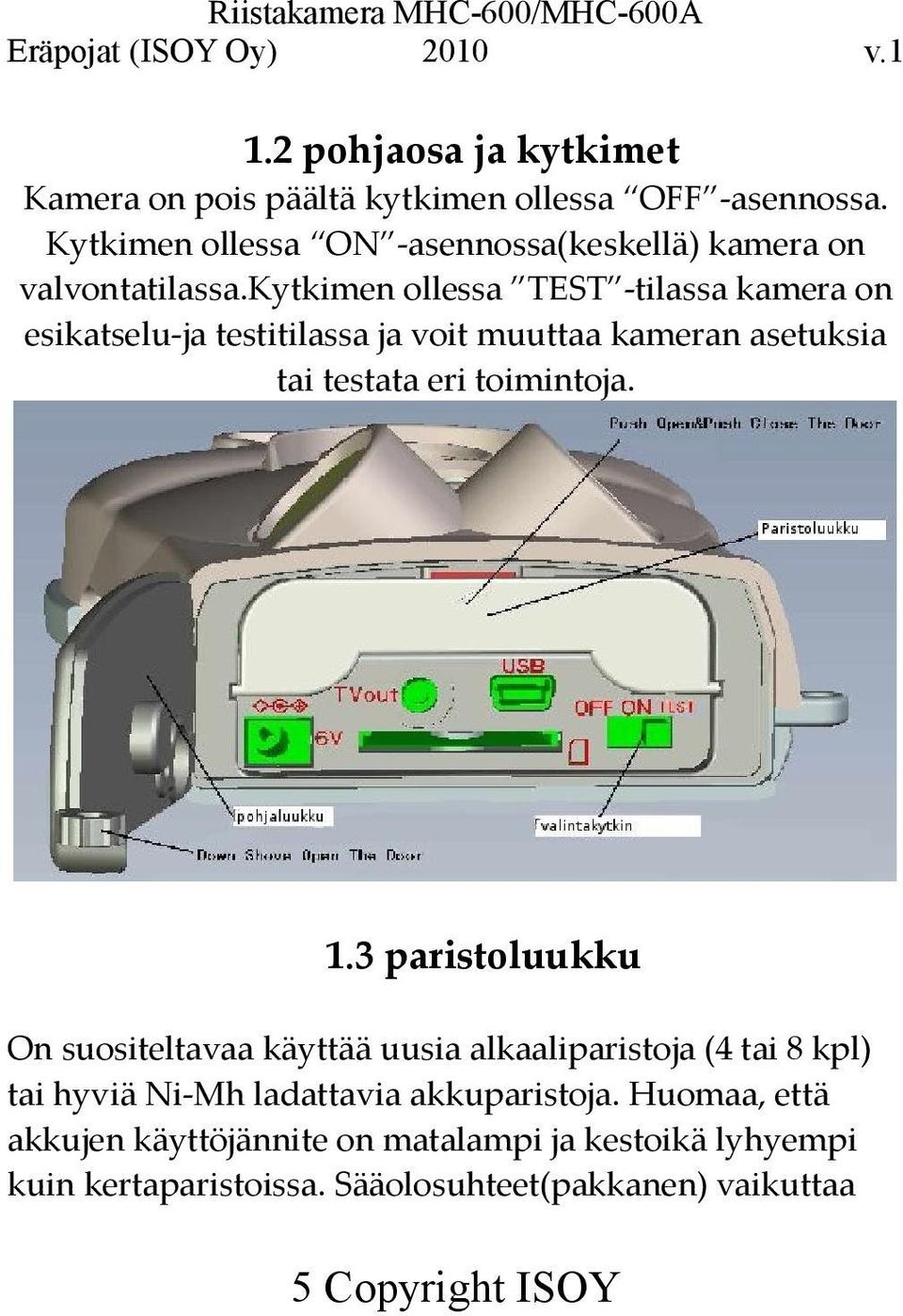 kytkimen ollessa TEST -tilassa kamera on esikatselu-ja testitilassa ja voit muuttaa kameran asetuksia tai testata eri toimintoja. 1.