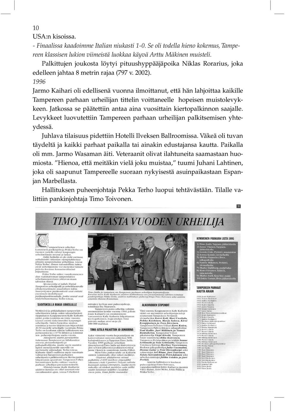 1996 Jarmo Kaihari oli edellisenä vuonna ilmoittanut, että hän lahjoittaa kaikille Tampereen parhaan urheilijan tittelin voittaneelle hopeisen muistolevykkeen.