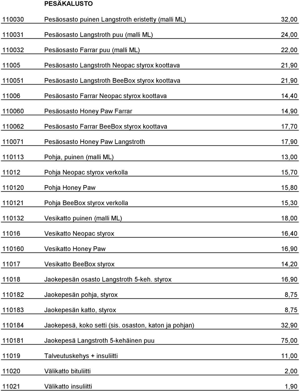 Farrar BeeBox styrox koottava 17,70 110071 Pesäosasto Honey Paw Langstroth 17,90 110113 Pohja, puinen (malli ML) 13,00 11012 Pohja Neopac styrox verkolla 15,70 110120 Pohja Honey Paw 15,80 110121