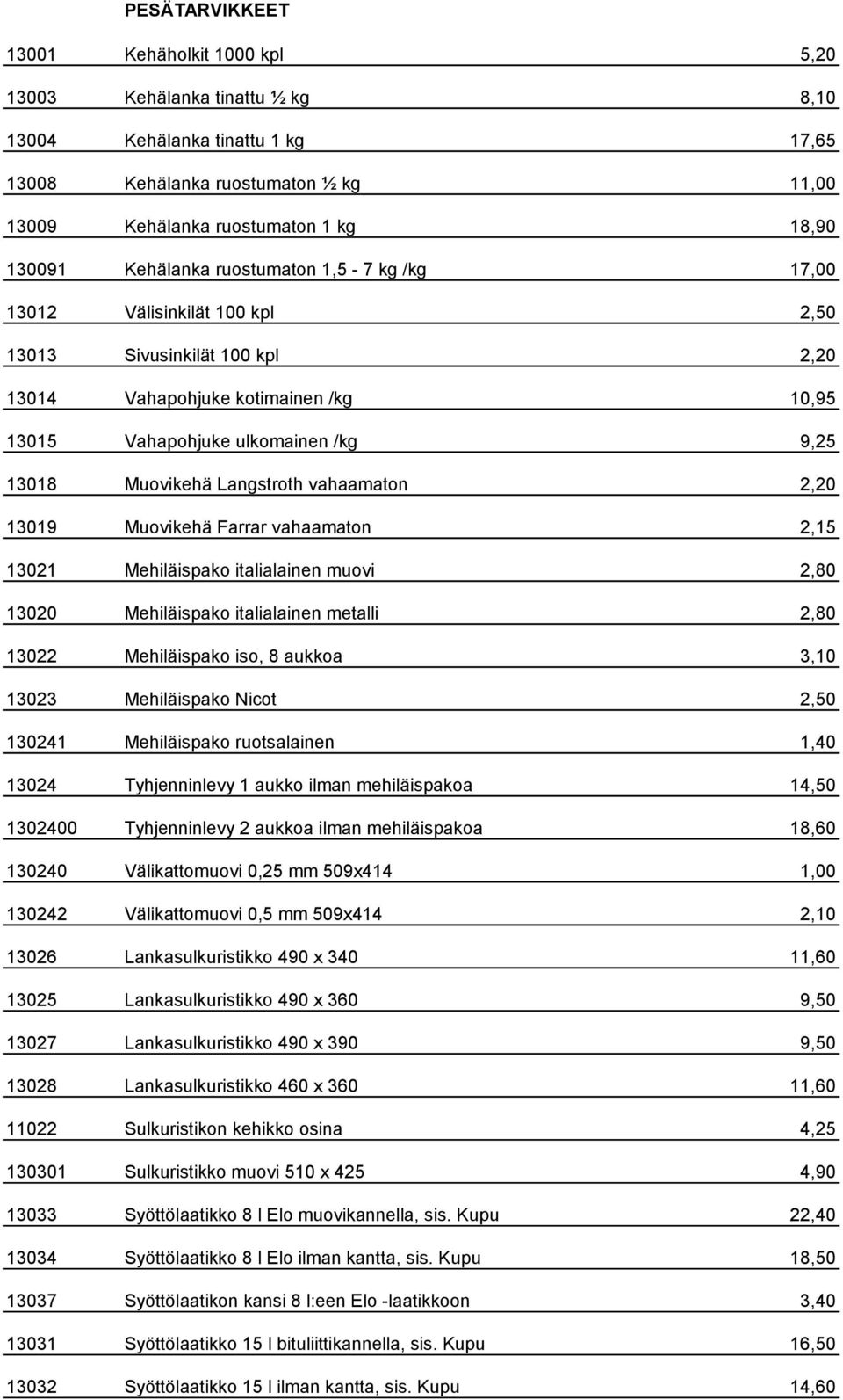 Langstroth vahaamaton 2,20 13019 Muovikehä Farrar vahaamaton 2,15 13021 Mehiläispako italialainen muovi 2,80 13020 Mehiläispako italialainen metalli 2,80 13022 Mehiläispako iso, 8 aukkoa 3,10 13023