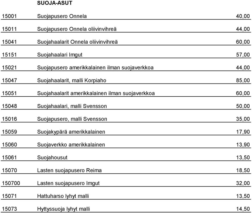 60,00 15048 Suojahaalari, malli Svensson 50,00 15016 Suojapusero, malli Svensson 35,00 15059 Suojakypärä amerikkalainen 17,90 15060 Suojaverkko amerikkalainen