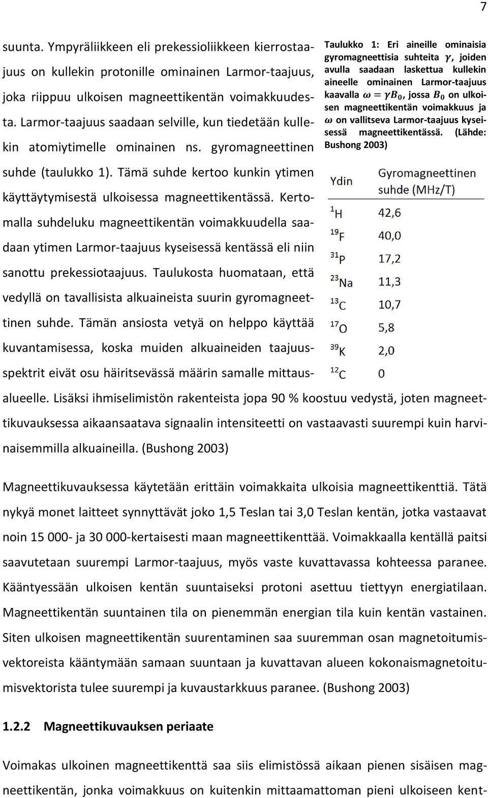 Kertomalla suhdeluku magneettikentän voimakkuudella saadaan ytimen Larmor-taajuus kyseisessä kentässä eli niin sanottu prekessiotaajuus.