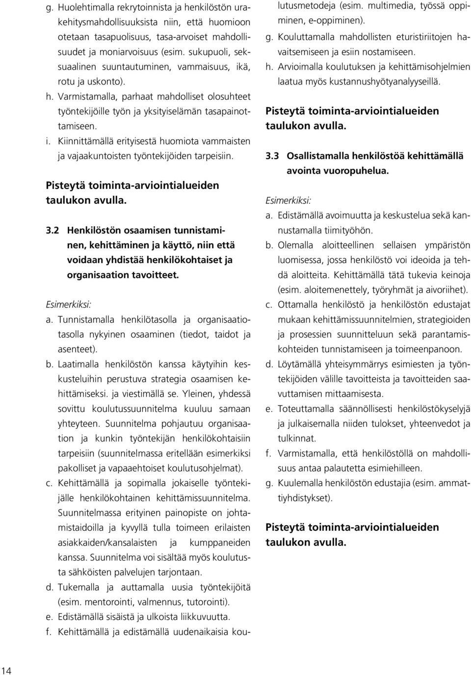 Pisteytä toiminta-arviointialueiden taulukon avulla. 3.2 Henkilöstön osaamisen tunnistaminen, kehittäminen ja käyttö, niin että voidaan yhdistää henkilökohtaiset ja organisaation tavoitteet. a. Tunnistamalla henkilötasolla ja organisaatiotasolla nykyinen osaaminen (tiedot, taidot ja asenteet).