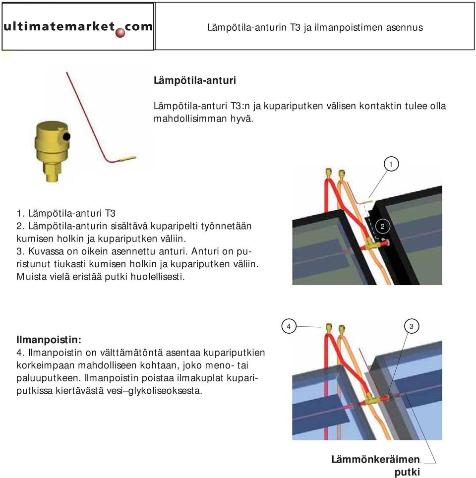 Lämpötila-anturin sisältävä kuparipelti työnnetään kumisen 1. Tempgivare holkin (T) ja kupariputken väliin.. Kuvassa on oikein asennettu anturi.
