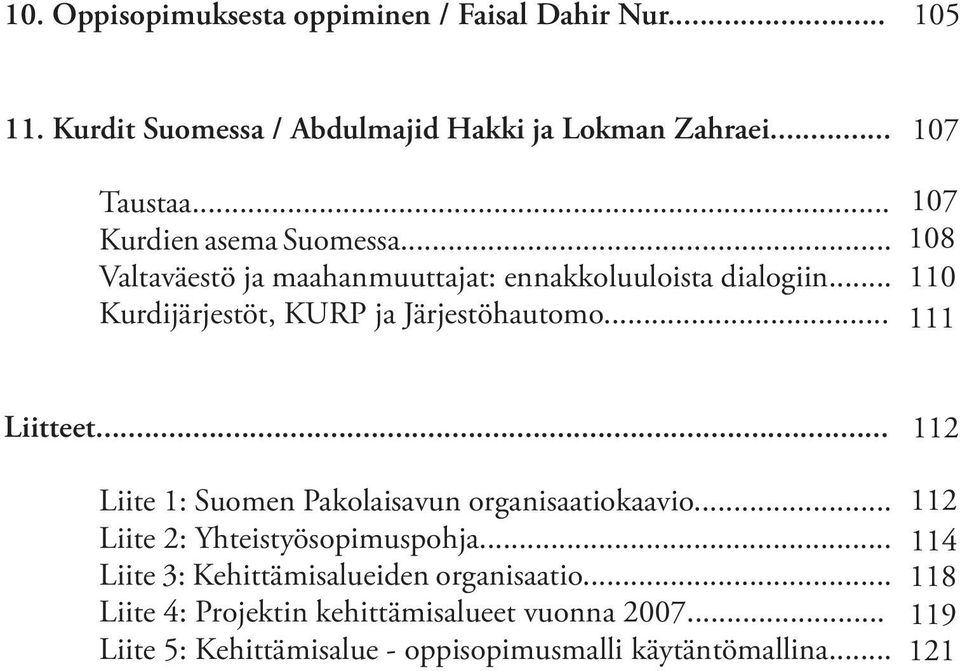 .. 107 108 110 111 Liitteet... 112 Liite 1: Suomen Pakolaisavun organisaatiokaavio... Liite 2: Yhteistyösopimuspohja.