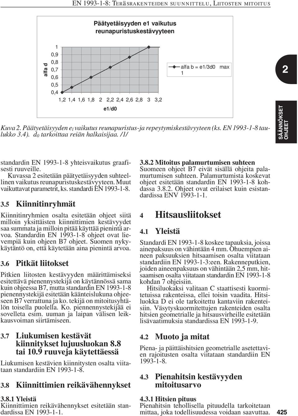 Kuvassa 2 esitetään päätyetäisyyden suhteellinen vaikutus reunapuristuskestävyyteen. Muut vaikuttavat parametrit, ks. standardi EN 1993-1-8. 3.