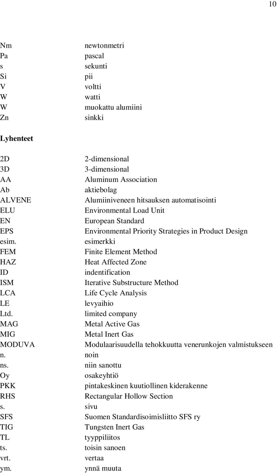 esimerkki FEM Finite Element Method HAZ Heat Affected Zone ID indentification ISM Iterative Substructure Method LCA Life Cycle Analysis LE levyaihio Ltd.