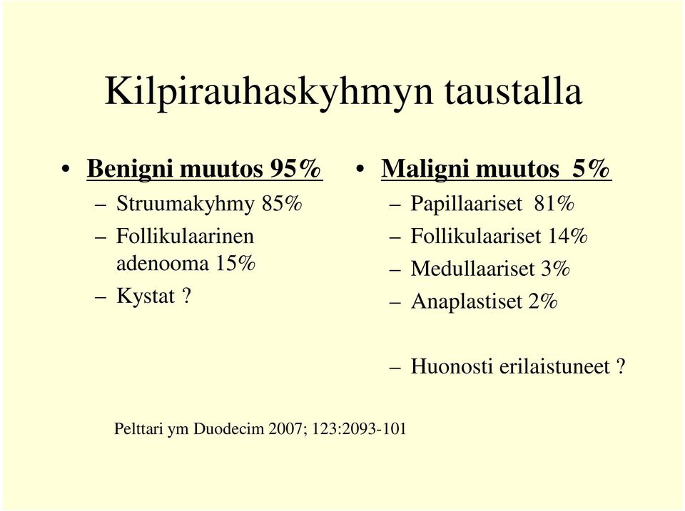 Maligni muutos 5% Papillaariset 81% Follikulaariset 14%