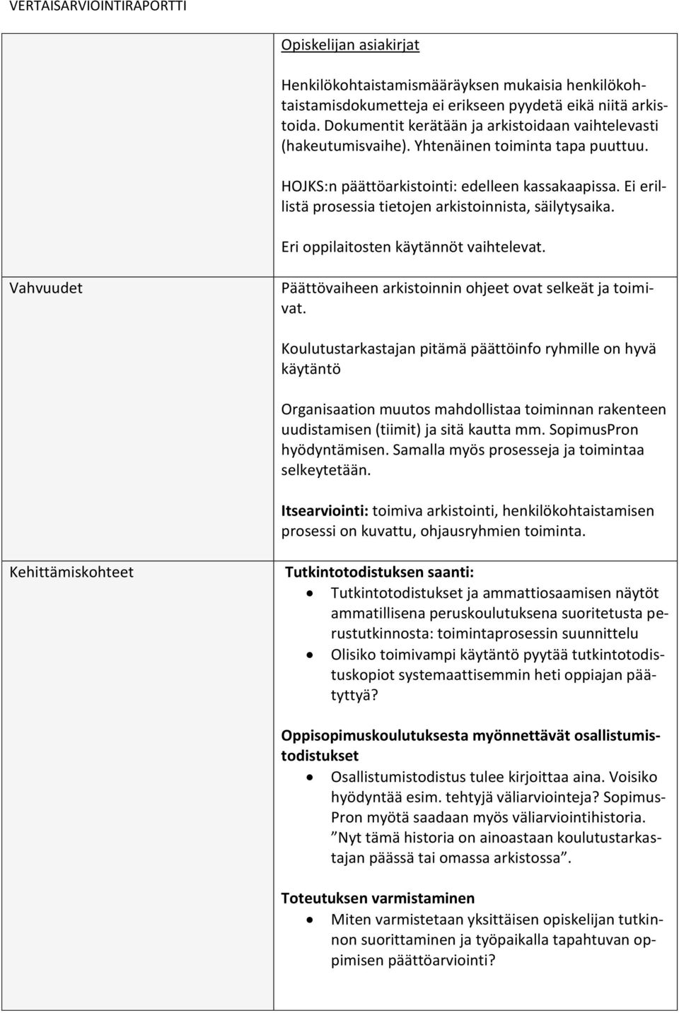 Ei erillistä prosessia tietojen arkistoinnista, säilytysaika. Eri oppilaitosten käytännöt vaihtelevat. Vahvuudet Päättövaiheen arkistoinnin ohjeet ovat selkeät ja toimivat.