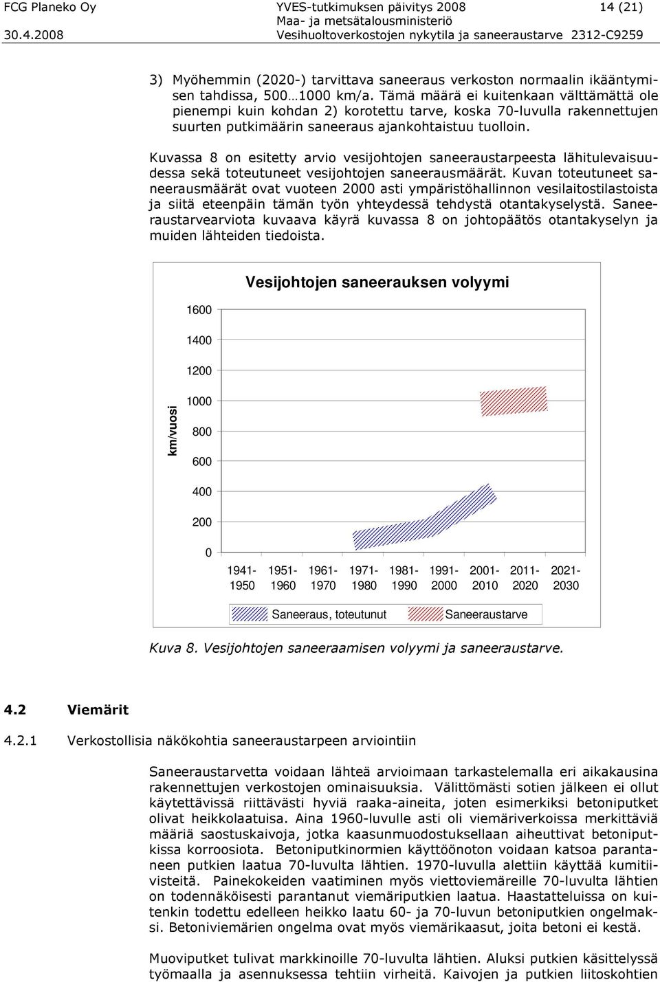 Kuvassa 8 on esitetty arvio vesijohtojen saneeraustarpeesta lähitulevaisuudessa sekä toteutuneet vesijohtojen saneerausmäärät.