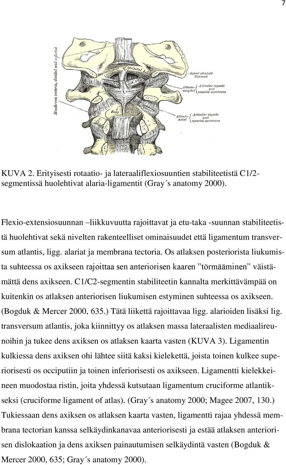 alariat ja membrana tectoria. Os atlaksen posteriorista liukumista suhteessa os axikseen rajoittaa sen anteriorisen kaaren törmääminen väistämättä dens axikseen.