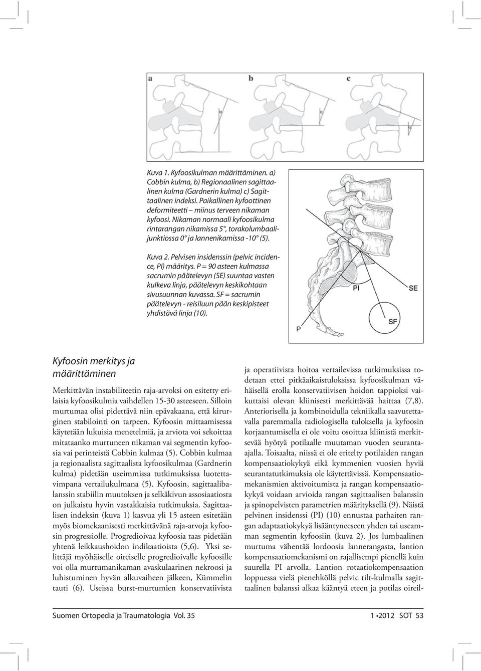 Pelvisen insidenssin (pelvic incidence, PI) määritys. P = 90 asteen kulmassa sacrumin päätelevyn (SE) suuntaa vasten kulkeva linja, päätelevyn keskikohtaan sivusuunnan kuvassa.