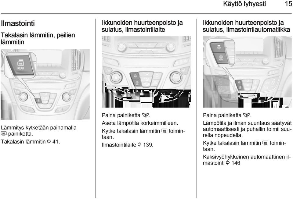 Aseta lämpötila korkeimmilleen. Kytke takalasin lämmitin Ü toimintaan. Ilmastointilaite 3 139. Paina painiketta V.