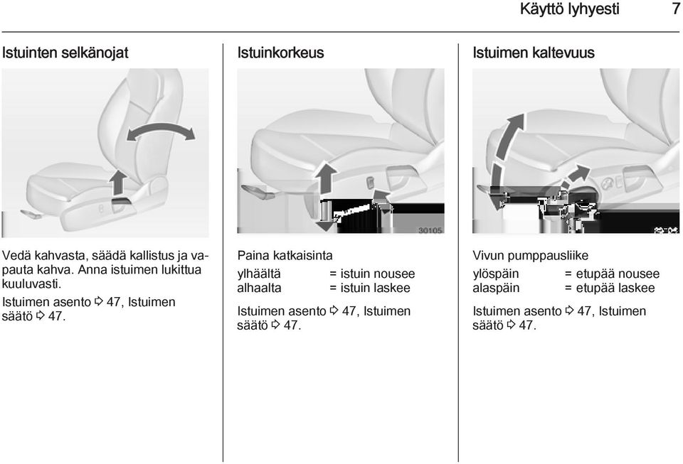 Paina katkaisinta ylhäältä = istuin nousee alhaalta = istuin laskee Istuimen asento 3 47, Istuimen säätö