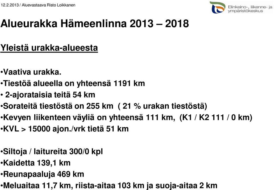 21 % urakan tiestöstä) Kevyen liikenteen väyliä on yhteensä 111 km, (K1 / K2 111 / 0 km) KVL >