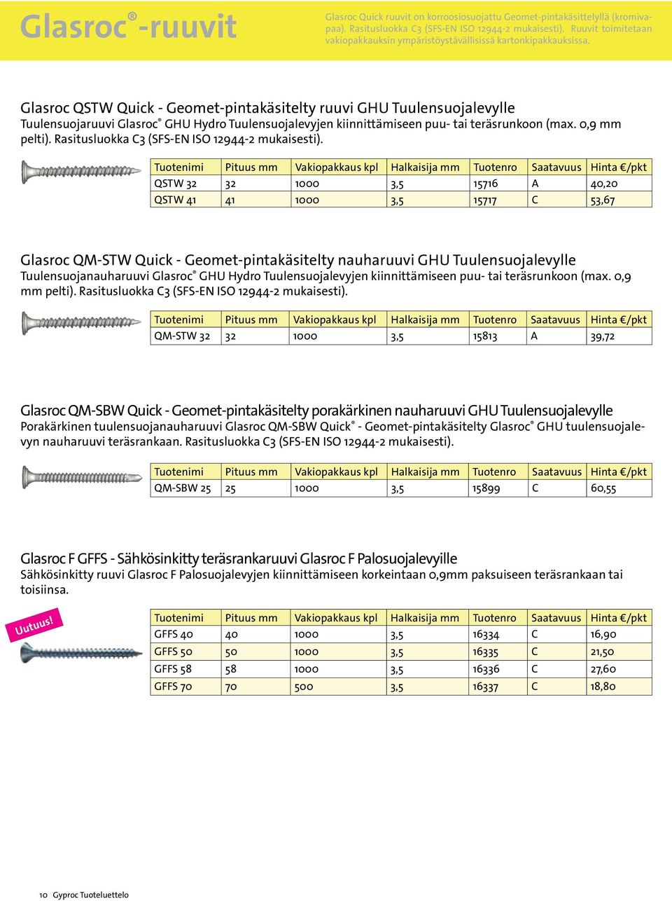 Glasroc QSTW Quick - Geomet-pintakäsitelty ruuvi GHU Tuulensuojalevylle Tuulensuojaruuvi Glasroc GHU Hydro Tuulensuojalevyjen kiinnittämiseen puu- tai teräsrunkoon (max. 0,9 pelti).