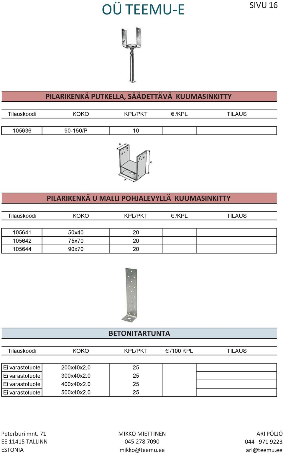 TILAUS 105641 x40 105642 75x70 105644 90x70 BETONITARTUNTA Tilauskoodi KOKO KPL/PKT / KPL