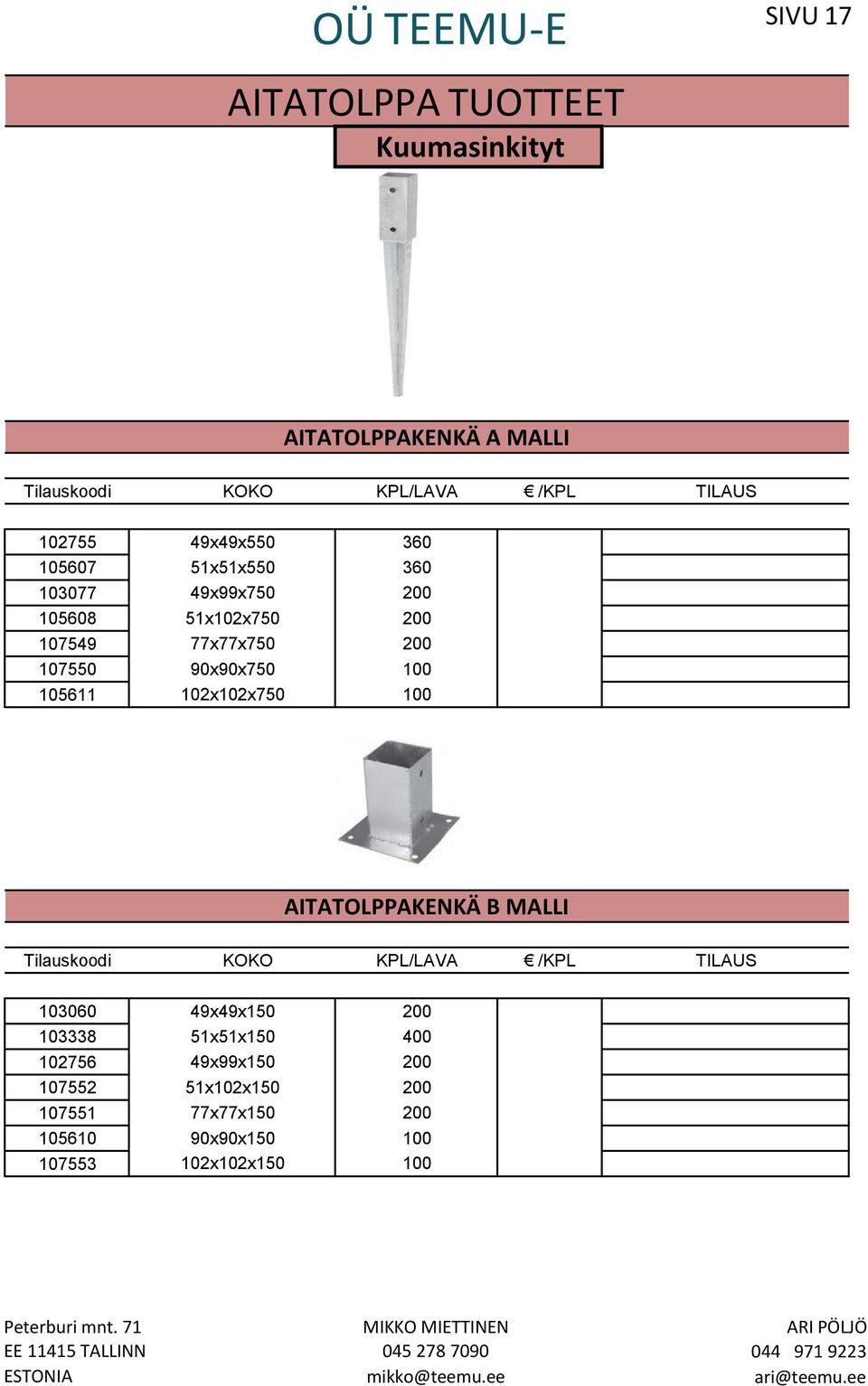 90x90x7 102x102x7 360 360 AITATOLPPAKENKÄ B MALLI Tilauskoodi KOKO KPL/LAA /KPL TILAUS 103060