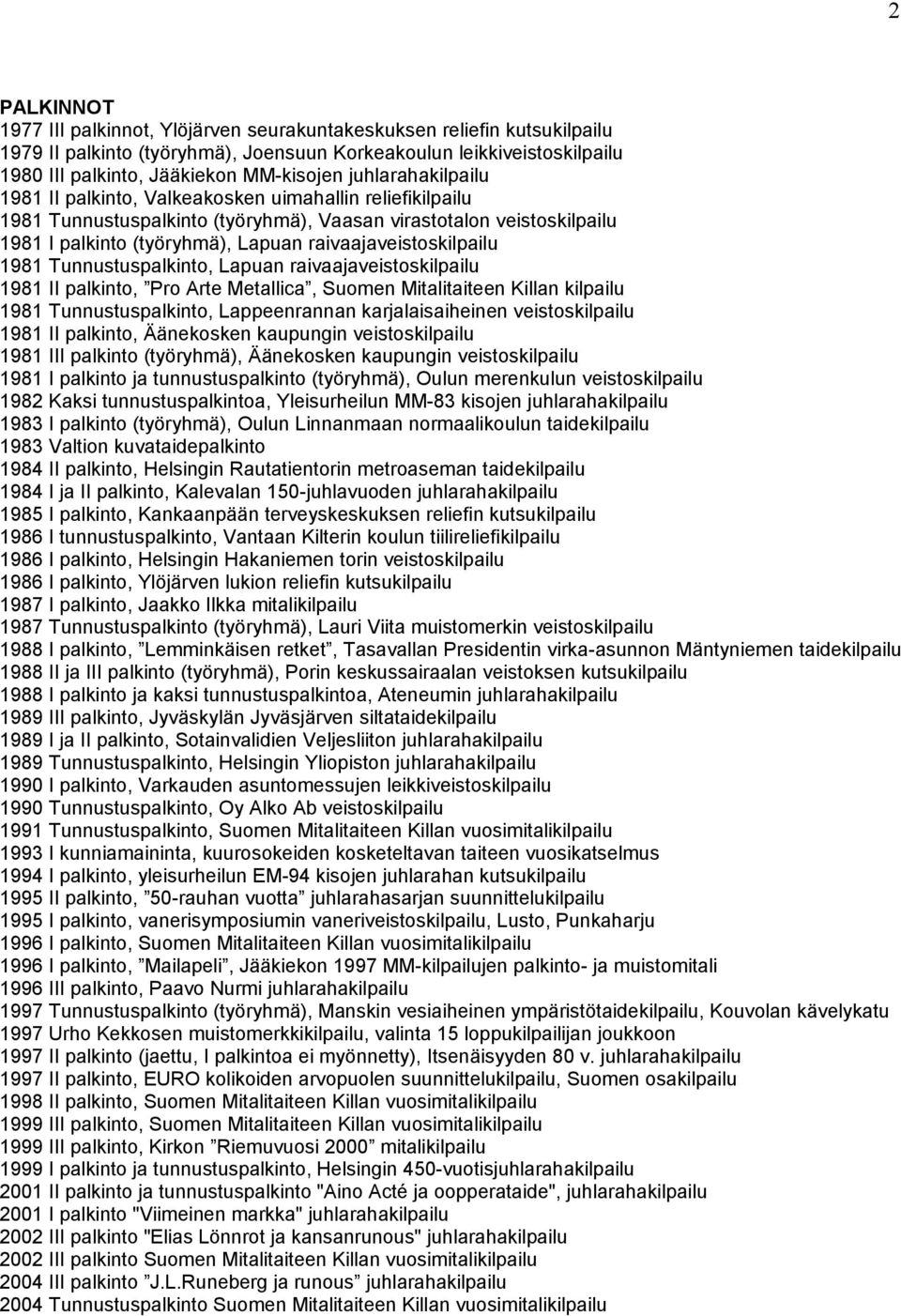 raivaajaveistoskilpailu 1981 Tunnustuspalkinto, Lapuan raivaajaveistoskilpailu 1981 II palkinto, Pro Arte Metallica, Suomen Mitalitaiteen Killan kilpailu 1981 Tunnustuspalkinto, Lappeenrannan