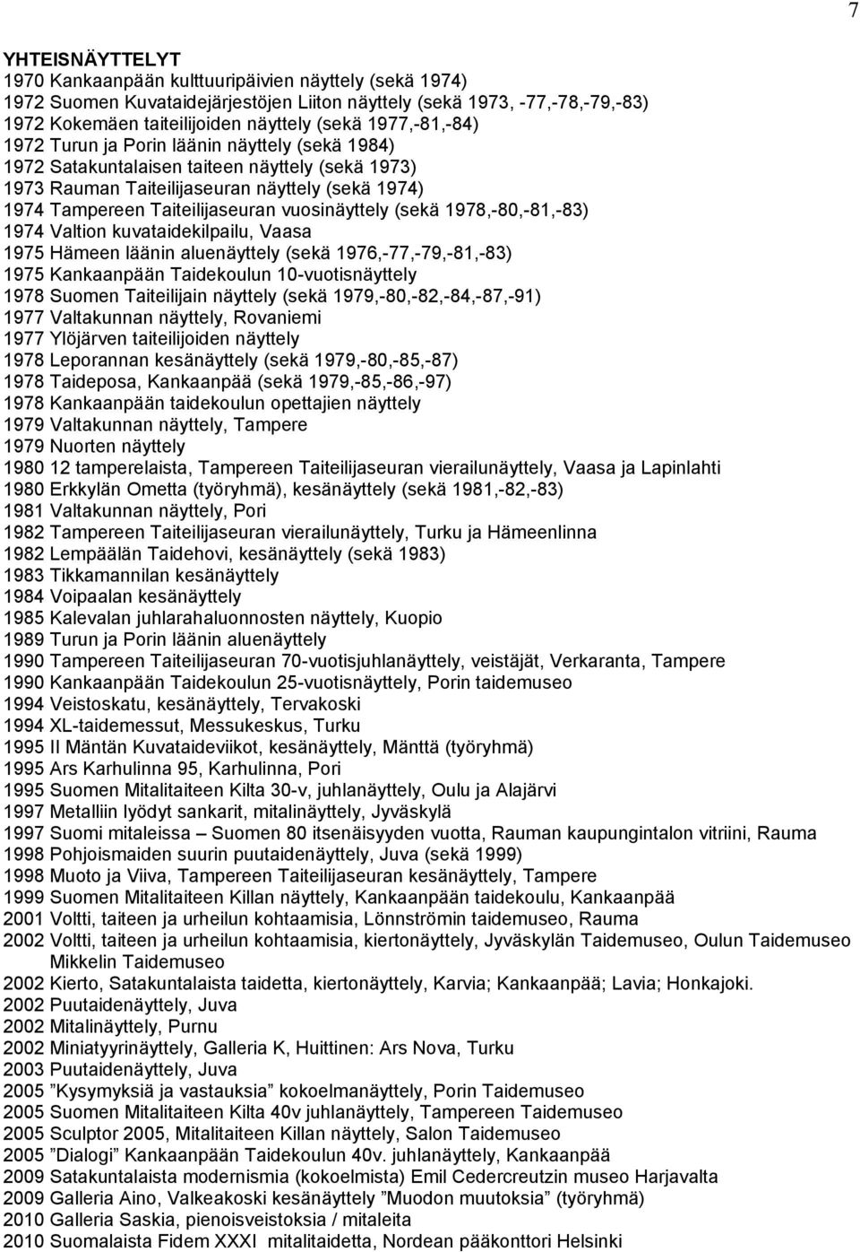 vuosinäyttely (sekä 1978,-80,-81,-83) 1974 Valtion kuvataidekilpailu, Vaasa 1975 Hämeen läänin aluenäyttely (sekä 1976,-77,-79,-81,-83) 1975 Kankaanpään Taidekoulun 10-vuotisnäyttely 1978 Suomen