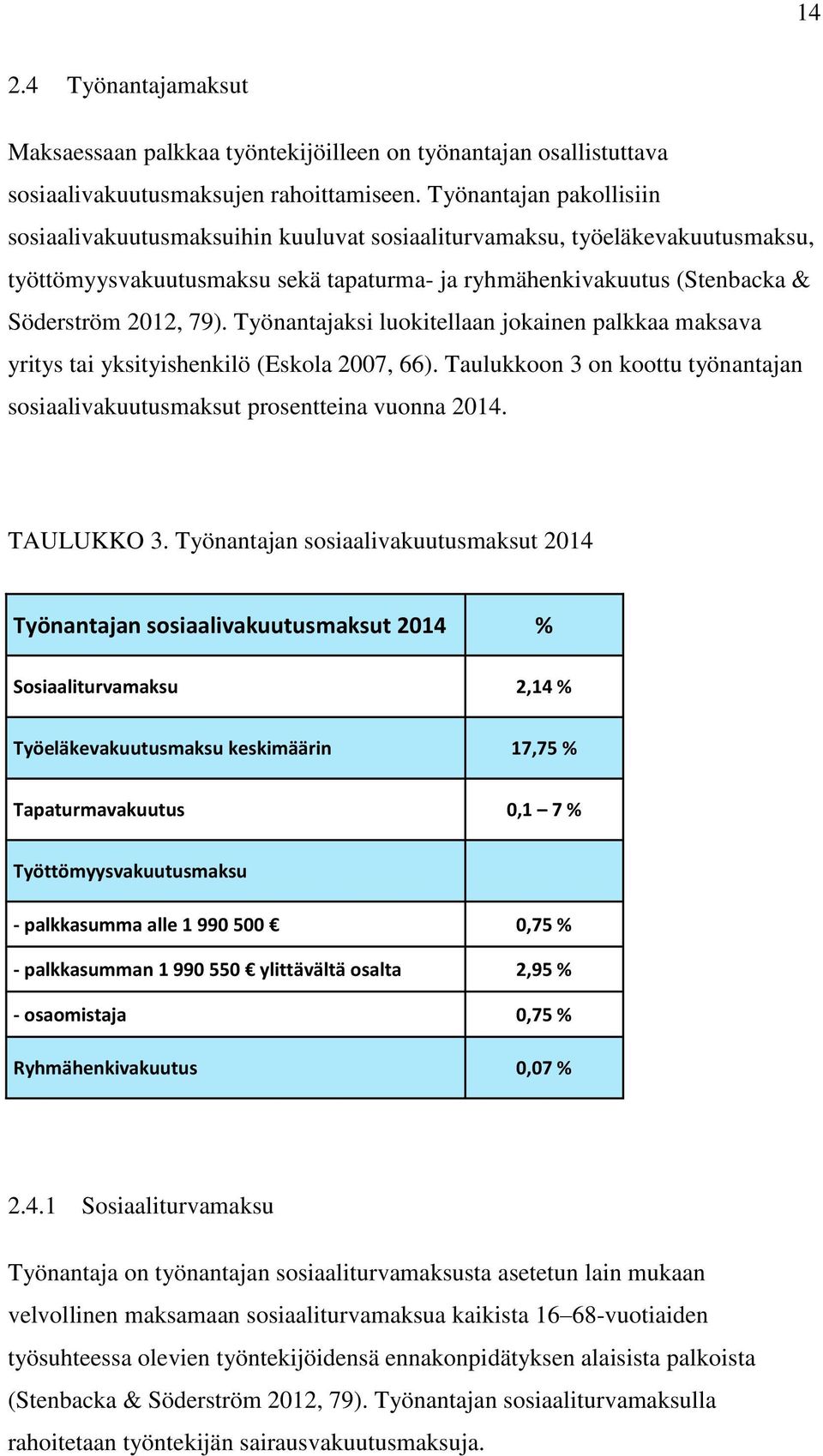 Työnantajaksi luokitellaan jokainen palkkaa maksava yritys tai yksityishenkilö (Eskola 2007, 66). Taulukkoon 3 on koottu työnantajan sosiaalivakuutusmaksut prosentteina vuonna 2014. TAULUKKO 3.