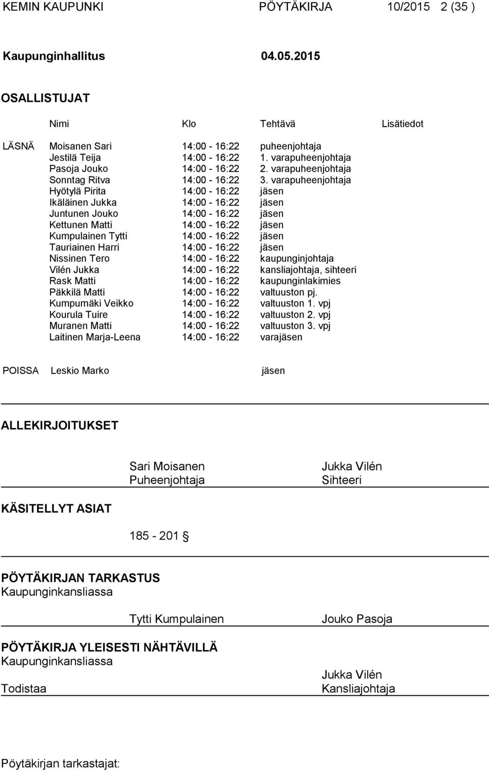 varapuheenjohtaja Hyötylä Pirita 14:00-16:22 jäsen Ikäläinen Jukka 14:00-16:22 jäsen Juntunen Jouko 14:00-16:22 jäsen Kettunen Matti 14:00-16:22 jäsen Kumpulainen Tytti 14:00-16:22 jäsen Tauriainen