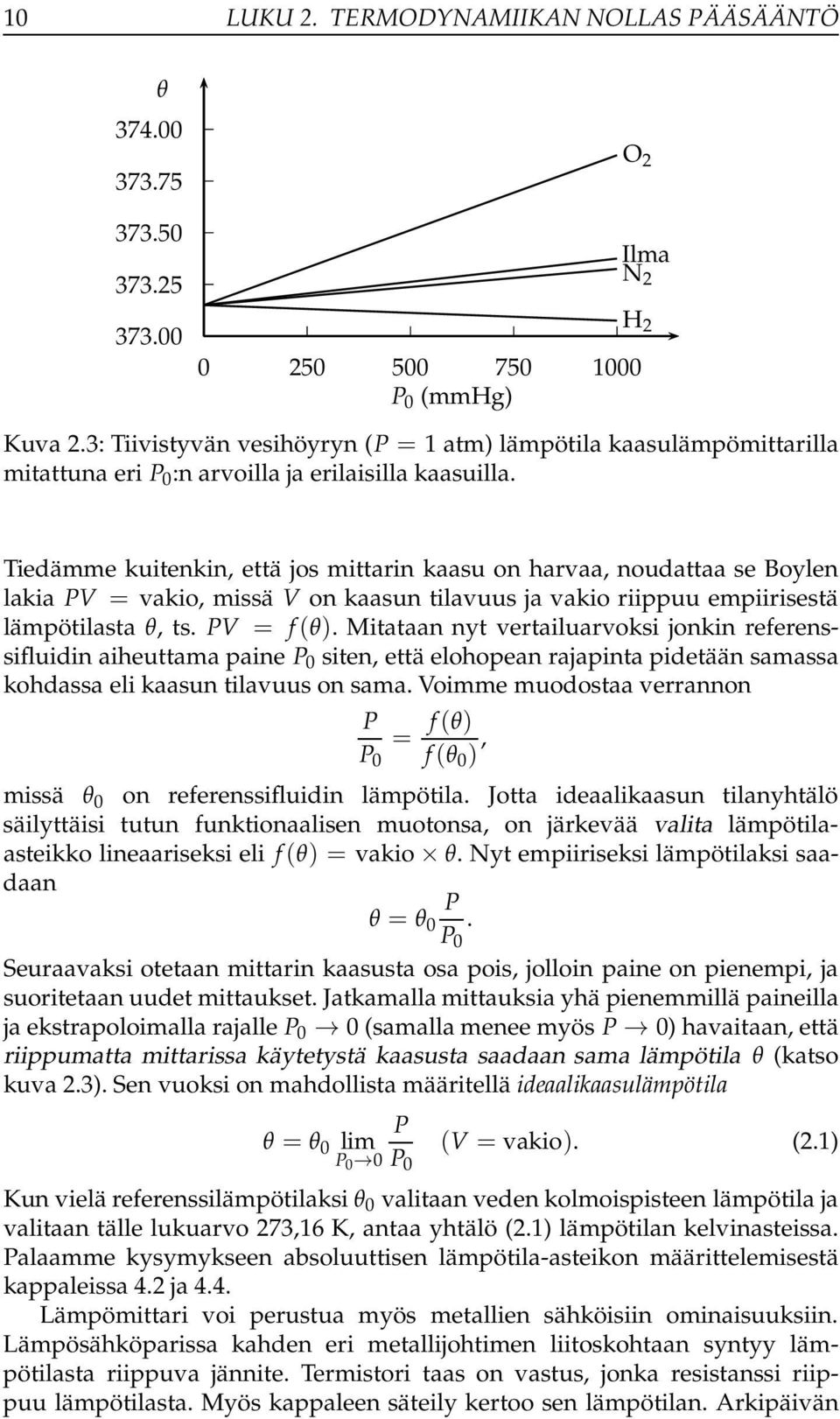 Tiedämme kuitenkin, että jos mittarin kaasu on harvaa, noudattaa se Boylen lakia PV = vakio, missä V on kaasun tilavuus ja vakio riippuu empiirisestä lämpötilasta θ, ts. PV = f(θ).