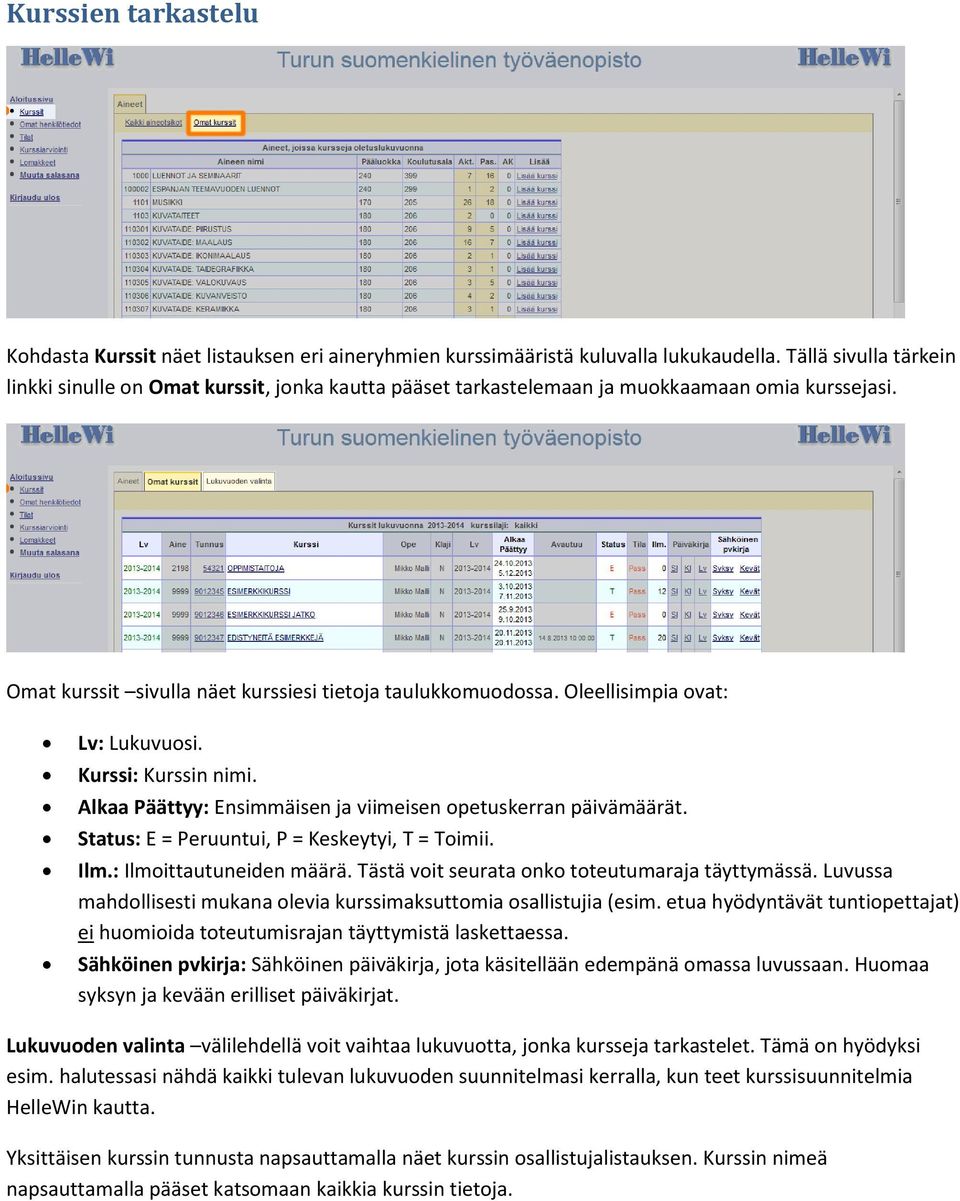 Oleellisimpia ovat: Lv: Lukuvuosi. Kurssi: Kurssin nimi. Alkaa Päättyy: Ensimmäisen ja viimeisen opetuskerran päivämäärät. Status: E = Peruuntui, P = Keskeytyi, T = Toimii. Ilm.