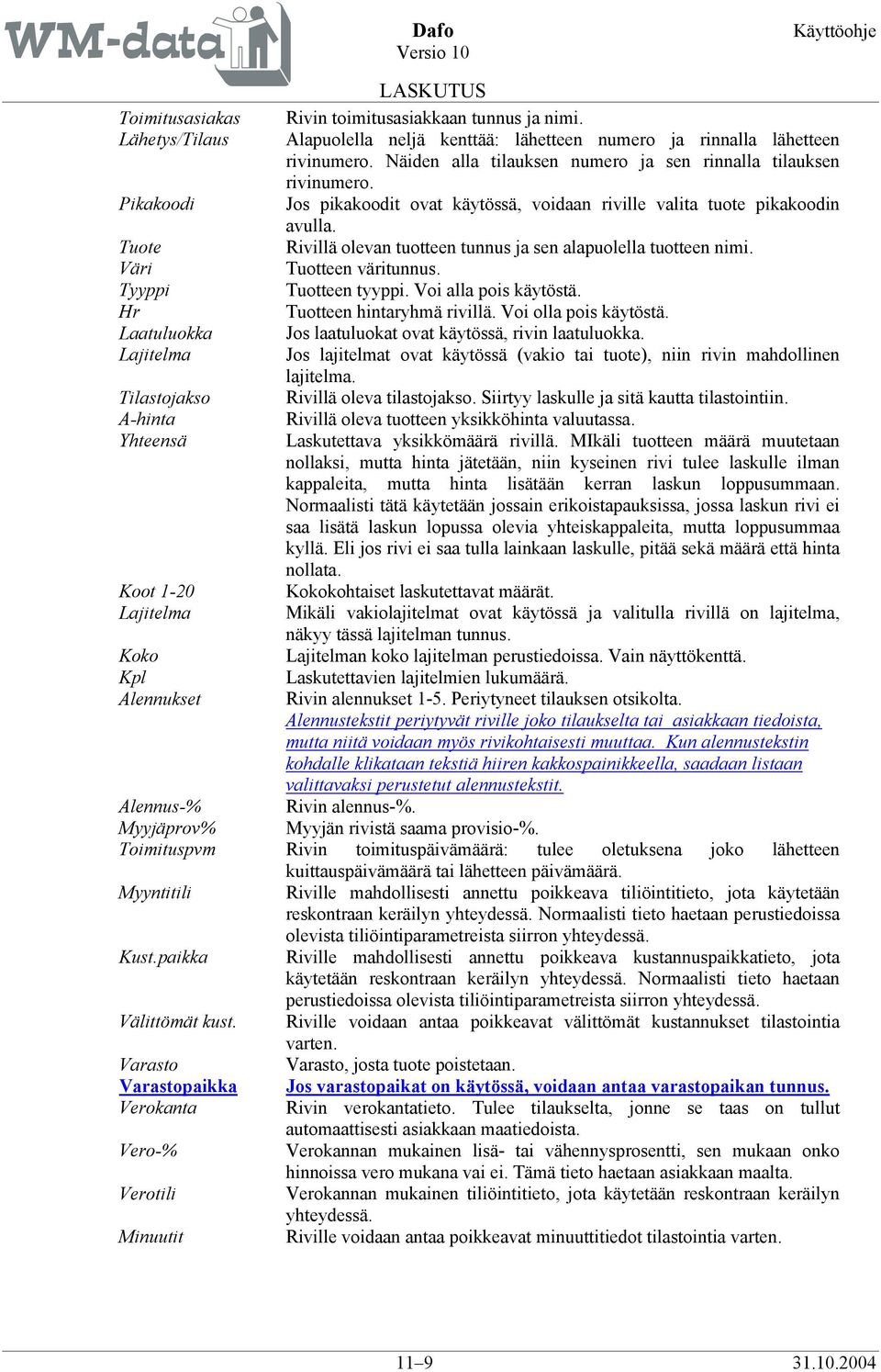 Tuote Rivillä olevan tuotteen tunnus ja sen alapuolella tuotteen nimi. Väri Tuotteen väritunnus. Tyyppi Tuotteen tyyppi. Voi alla pois käytöstä. Hr Tuotteen hintaryhmä rivillä. Voi olla pois käytöstä.