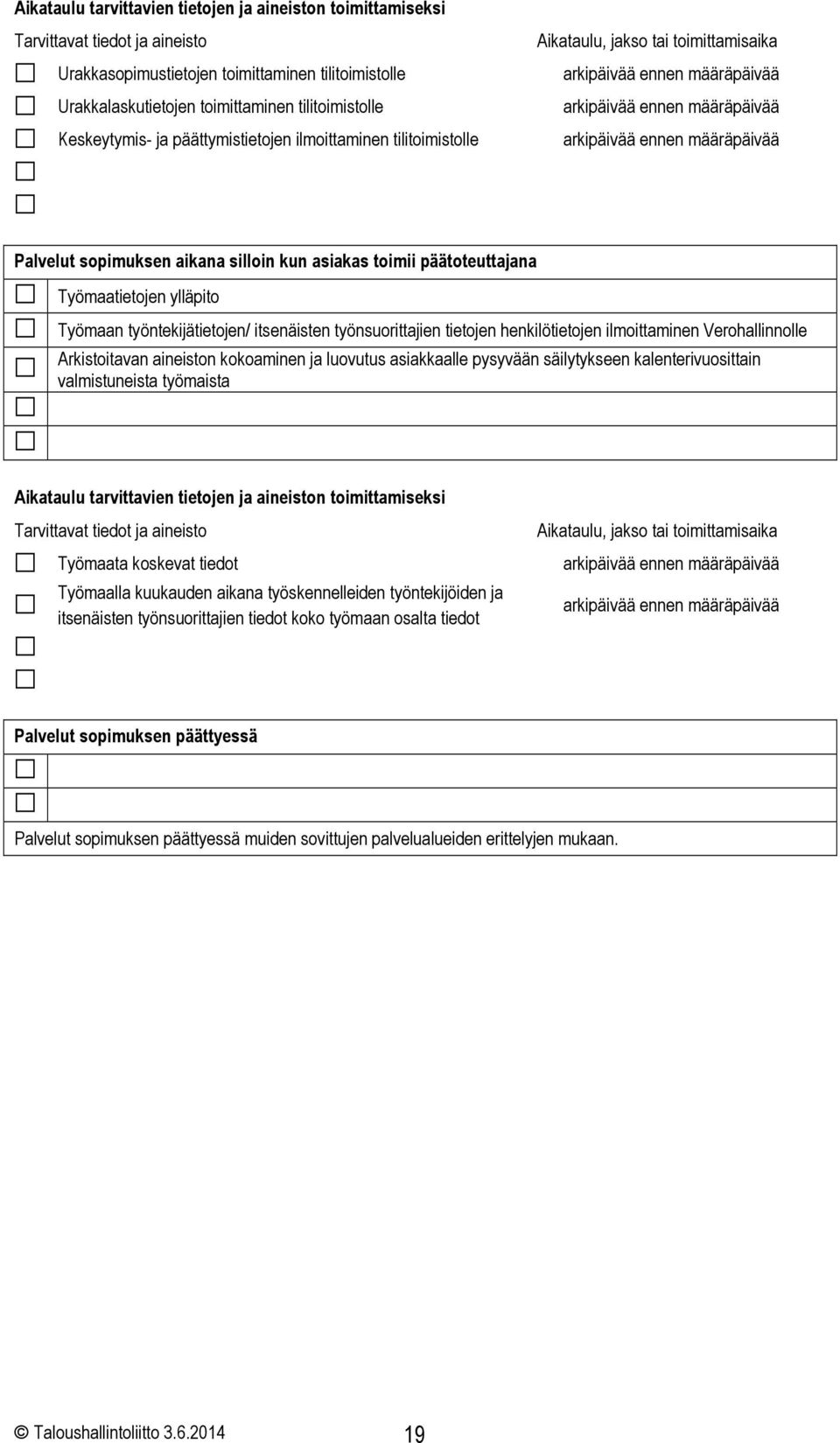 sopimuksen aikana silloin kun asiakas toimii päätoteuttajana Työmaatietojen ylläpito Työmaan työntekijätietojen/ itsenäisten työnsuorittajien tietojen henkilötietojen ilmoittaminen Verohallinnolle