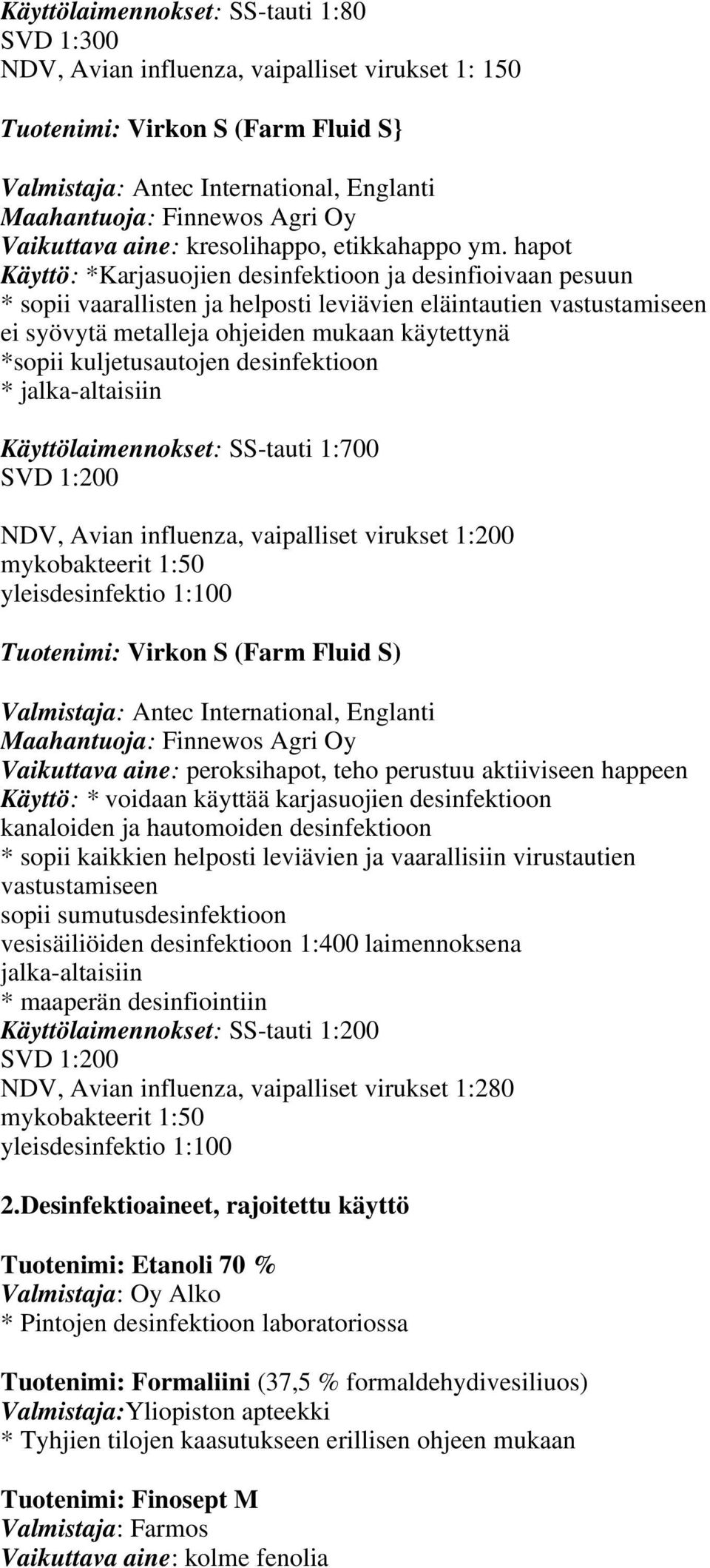 hapot Käyttö: *Karjasuojien desinfektioon ja desinfioivaan pesuun * sopii vaarallisten ja helposti leviävien eläintautien vastustamiseen ei syövytä metalleja ohjeiden mukaan käytettynä *sopii