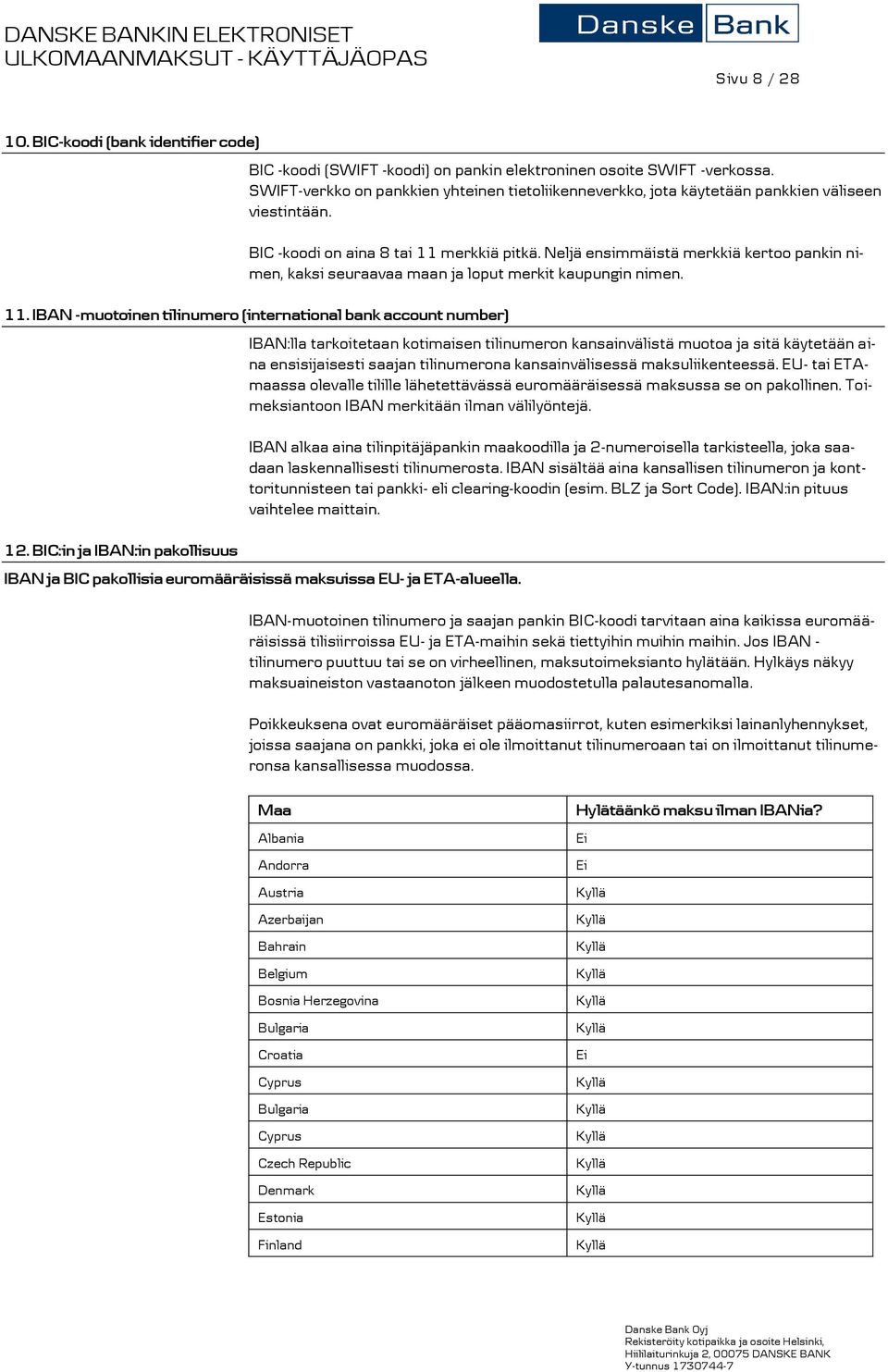 Neljä ensimmäistä merkkiä kertoo pankin nimen, kaksi seuraavaa maan ja loput merkit kaupungin nimen. 11. IBAN -muotoinen tilinumero (international bank account number) 12.