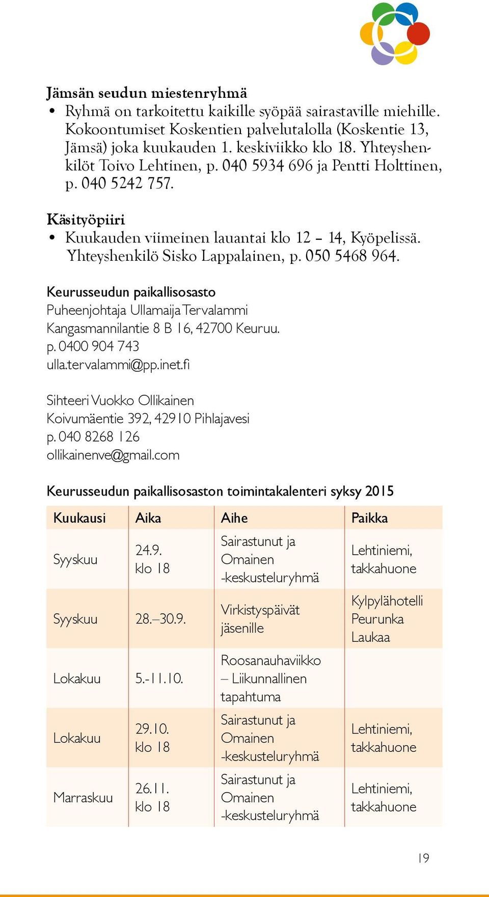 Keurusseudun paikallisosasto Puheenjohtaja Ullamaija Tervalammi Kangasmannilantie 8 B 16, 42700 Keuruu. p. 0400 904 743 ulla.tervalammi@pp.inet.