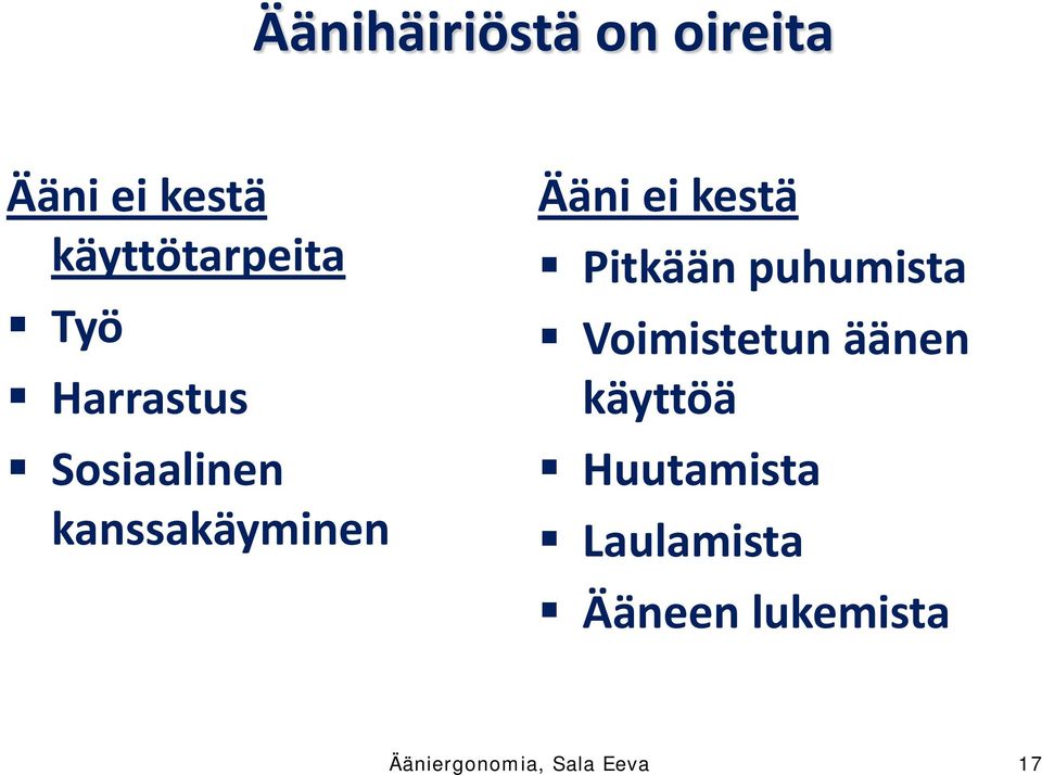 Pitkään puhumista Voimistetun äänen käyttöä Huutamista