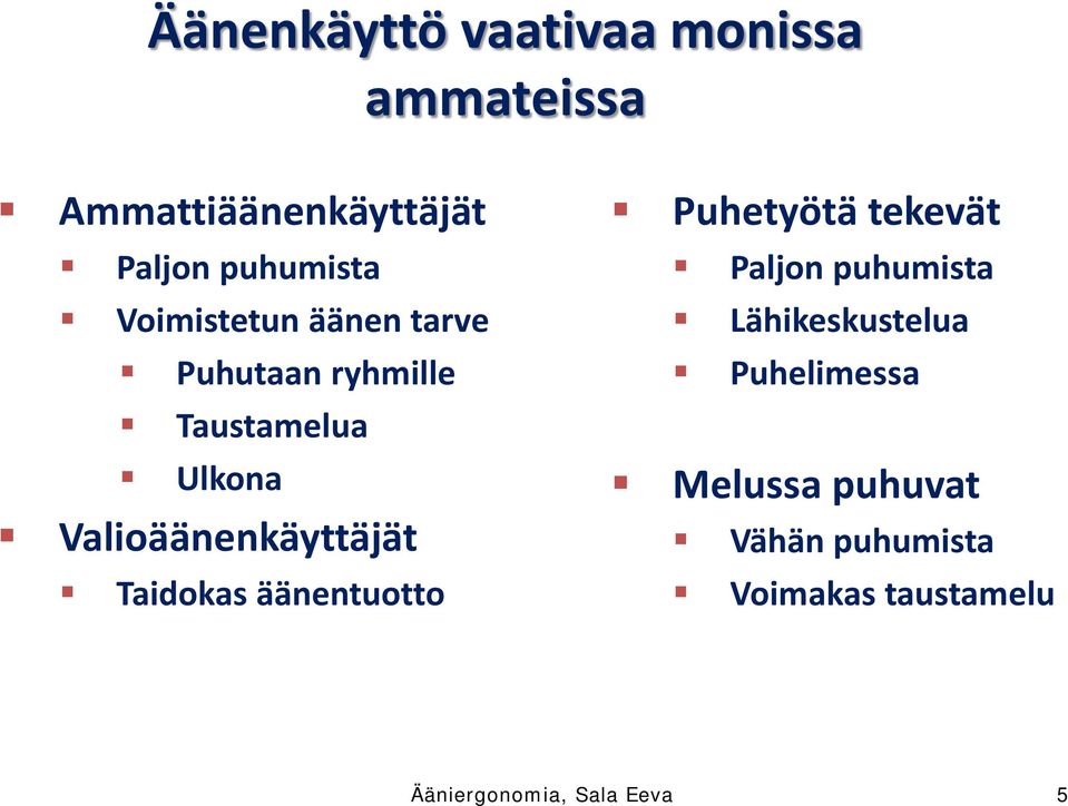 Taidokas äänentuotto Puhetyötä tekevät Paljon puhumista Lähikeskustelua