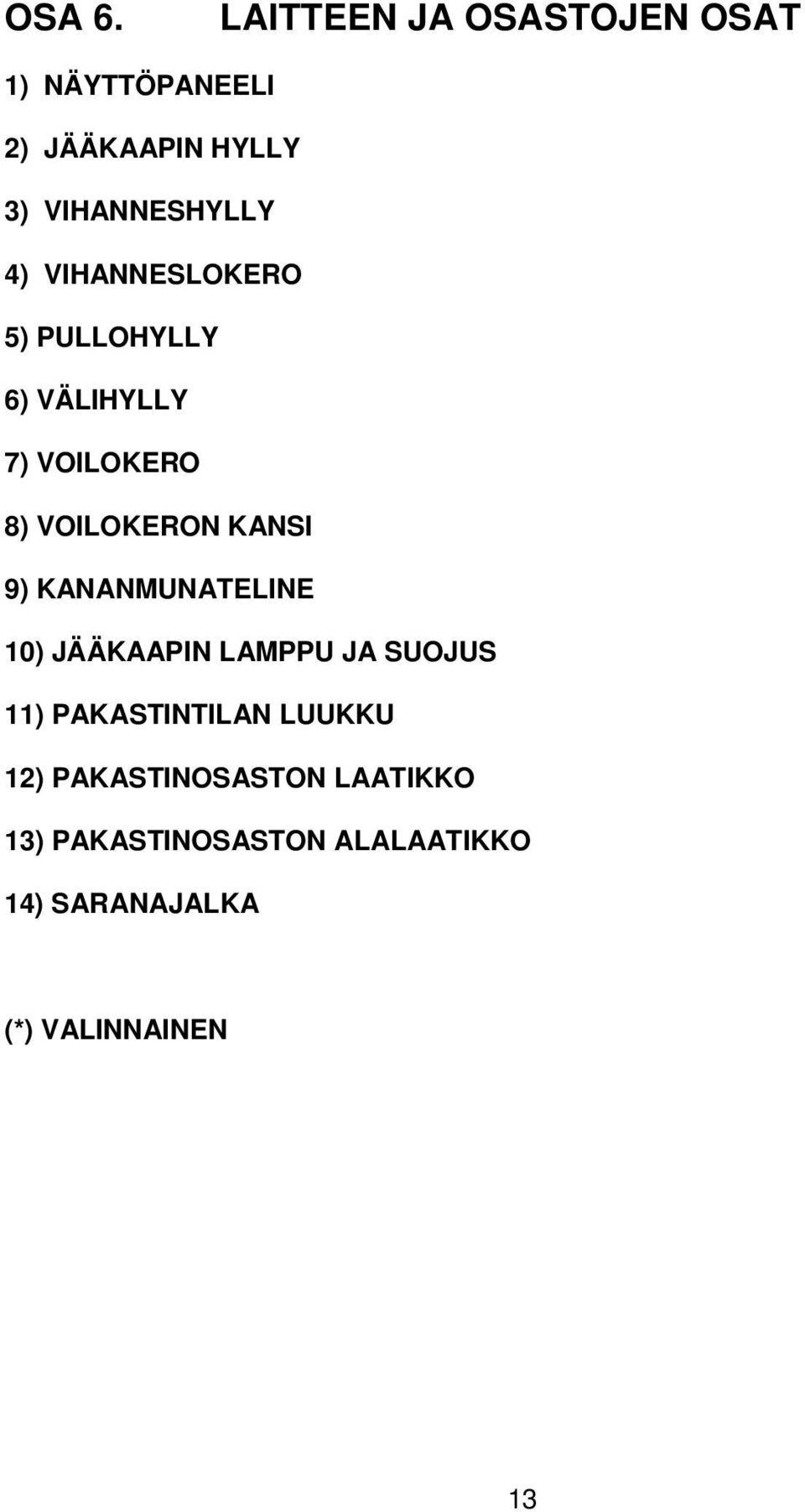 VIHANNESLOKERO 5) PULLOHYLLY 6) VÄLIHYLLY 7) VOILOKERO 8) VOILOKERON KANSI 9)