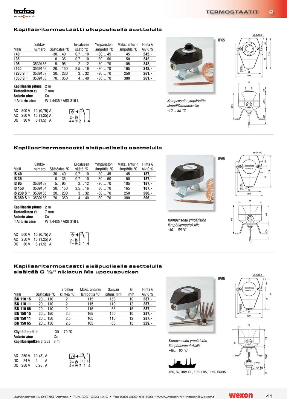 165 242,- I 230 S 1) 3539157 20 230 3 32-30 70 250 261,- I 350 S 1) 3539158 70 350 4 40-30 70 380 261,- IP65 Kapillaarin pituus 2 m Tuntoelimen Ø 7 mm Cu 1) W 1.