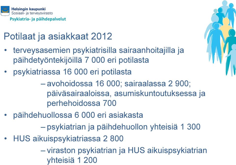 900; päiväsairaaloissa, asumiskuntoutuksessa ja perhehoidossa 700 päihdehuollossa 6 000 eri asiakasta psykiatrian