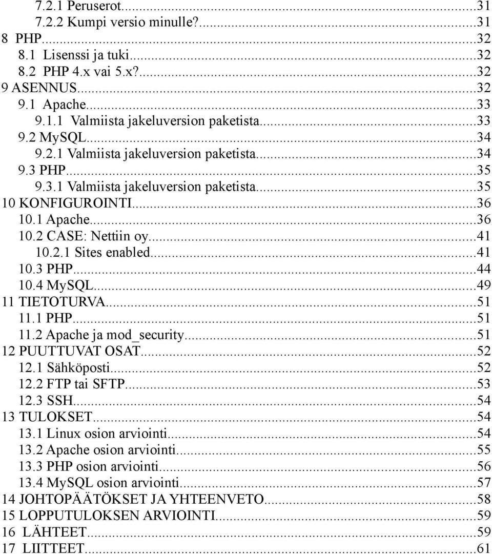 ..41 10.3 PHP...44 10.4 MySQL...49 11 TIETOTURVA...51 11.1 PHP...51 11.2 Apache ja mod_security...51 12 PUUTTUVAT OSAT...52 12.1 Sähköposti...52 12.2 FTP tai SFTP...53 12.3 SSH...54 13 