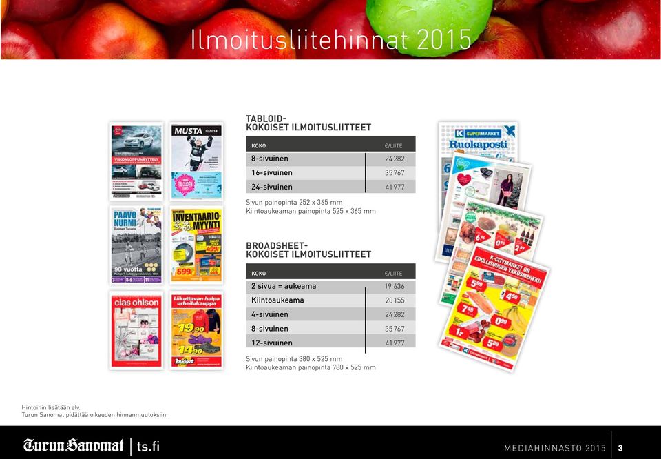 = aukeama 19 636 Kiintoaukeama 20 155 4-sivuinen 24 282 8-sivuinen 35 767 12-sivuinen 41 977 Sivun painopinta 380 x 525 mm