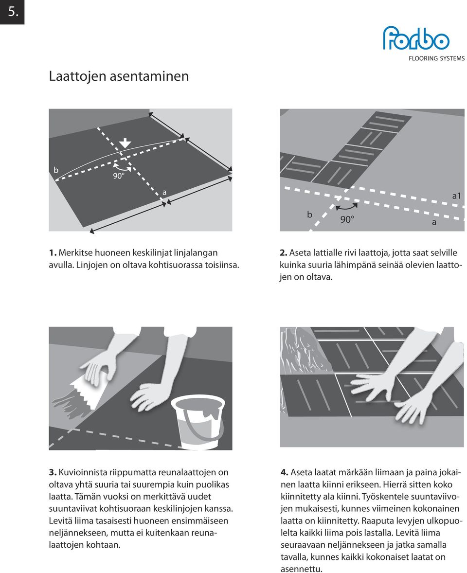 Kuvioinnista riippumatta reunalaattojen on oltava yhtä suuria tai suurempia kuin puolikas laatta. Tämän vuoksi on merkittävä uudet suuntaviivat kohtisuoraan keskilinjojen kanssa.