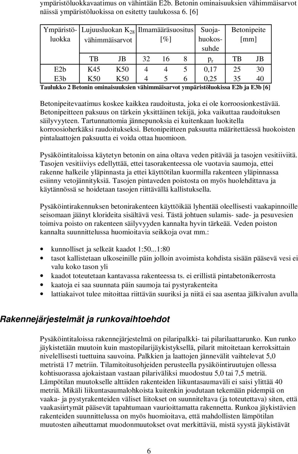 2 Betonin ominaisuuksien vähimmäisarvot ympäristöluokissa E2b ja E3b [6] Betonipeitevaatimus koskee kaikkea raudoitusta, joka ei ole korroosionkestävää.